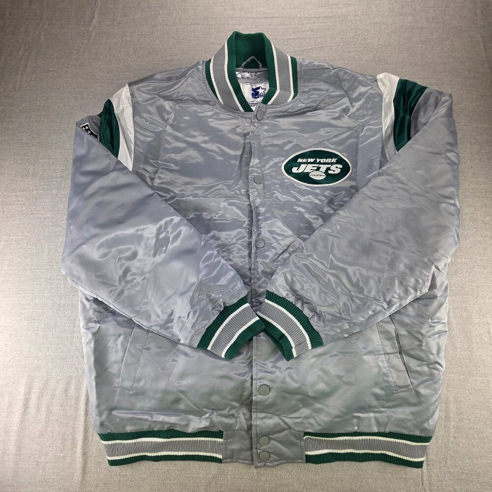 NY New York Jets 2XL Full-Snap Silver Satin Varsity Bomber Football Men's Jacket